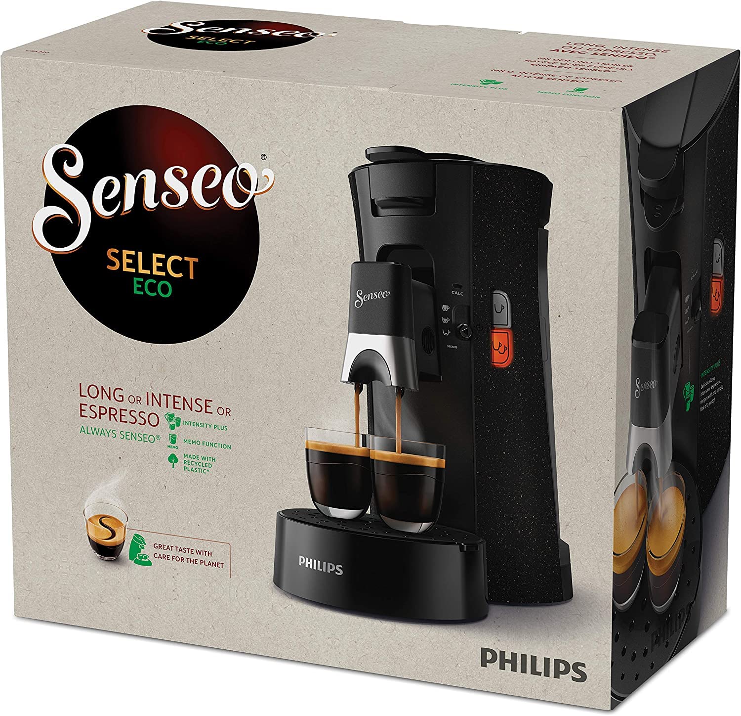 Machine à Café Dosettes Senseo Select Eco – Intensity Plus, Crema Plus, Fonction Mémo, 37% Plastique Recyclé, 1450W, Noir/Moucheté | CSA240/20